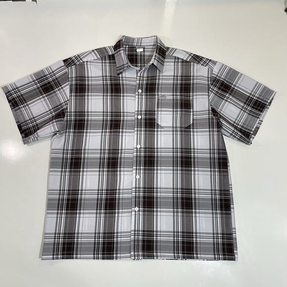 Caltop Men’s Plaid Button Up Shirt Short Sleeve Pocket Casual Brown White 2XL - Picture 1 of 6
